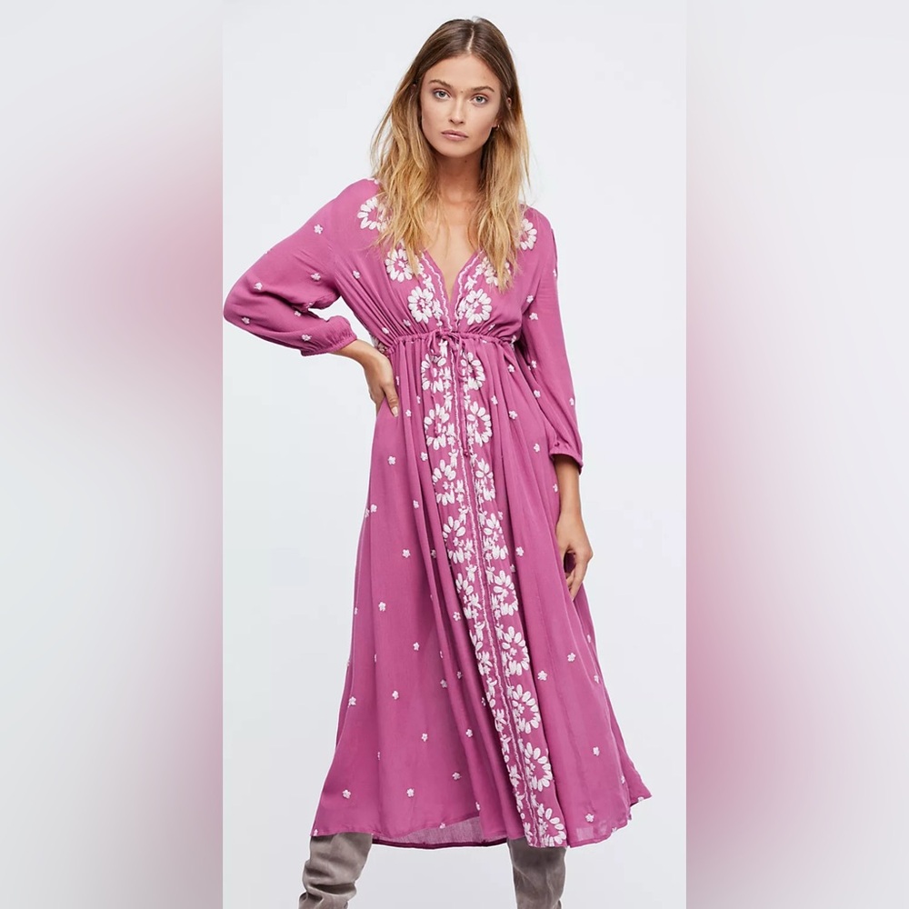 Free People Magenta V-Neck Puff Sleeve Midi Dress